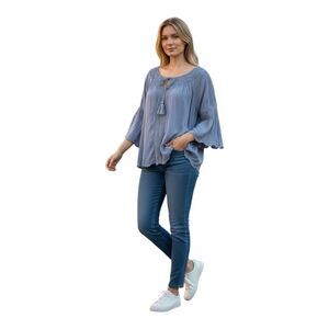 Ariat Blue Peasant Blouse Size XS Crochet Lace Boho Tie Neck 3/4-Flare Sleeve